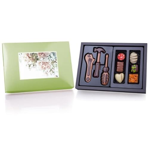 ChocoPostcard Midi - Werkzeuge und Pralinen - Set aus drei flachen Schokoladenfiguren, 6 Pralinen und Grußkarte | Geschenkidee | Schokolade | Mann | Männer | Vater | Väter | Vatertag | Geburtstag von CHOCOLISSIMO