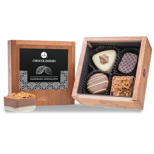 Elegance Mini - Black - Pralinen - vier handgemachte Pralinen im Holzkästchen | Schokolade | Geschenk | Mann | Männer | Frau | Frauen | Geburtstag | Weihnachten | Valentinstag | Mutter | Vater von CHOCOLISSIMO