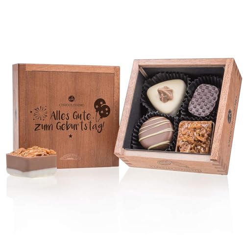 Elegance Mini - Geburtstag - 4 Luxus Pralinen | Premium Qualität in edler Holz-Box | Holzkästchen | Alles Gute zum Geburtstag | Geschenk aus Schokolade | Geschenkidee | Frauen | Männer von CHOCOLISSIMO