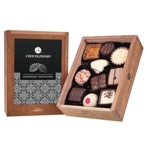 CHOCOLISSIMO - Schokolade Geschenk - Pralinen Geschenk - ohne Alkohol - 10 Luxus Pralinen in edler Holzbox - Holzkästchen - Schokolade Alkoholfrei - Geschenkidee Weihnachten, Geburtstag - Elegance von CHOCOLISSIMO