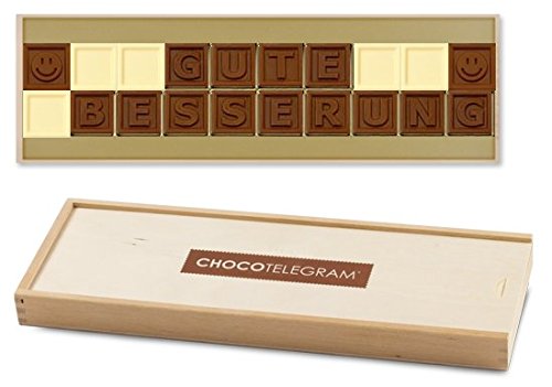 CHOCOLISSIMO - Gute Besserung Schokolade - Genesungswünsche, Schokoladenbotschaft in Holzbox - Schokolade Geschenk für Kinder, Frauen, Männer, beste Freundin - ChocoTelegram von CHOCOLISSIMO