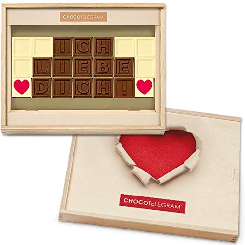 ICH LIEBE DICH! - ChocoTelegram | Schokoladenbotschaft | Ich liebe dich Schokolade | Holzschachtel mit Herzaufdruck | Valentinstag | Liebesgeschenk | Liebesgeschenke | frauen | Männer von CHOCOLISSIMO