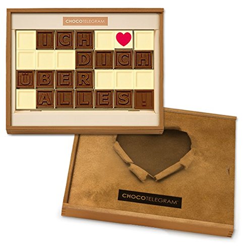 CHOCOLISSIMO - Liebes Geschenk für Sie, Ihn - Schokolade Geschenk - Schokoladenbotschaft in Holzbox - Geburtstag, Valentinstag, Weihnachten, Jahrestag für Frau, Mann - ICH LIEBE DICH ÜBER ALLES von CHOCOLISSIMO