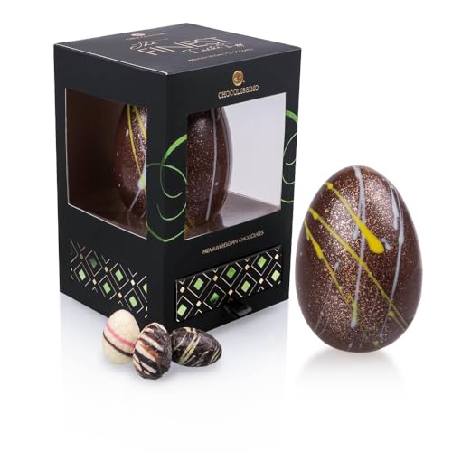 CHOCOLISSIMO – Großes Osterei aus Vollmilchschokolade mit 4 alkoholfreien Pralinen – Edles Ostergeschenk in dunkler Geschenkbox, Ostern Süßigkeiten Geschenk für Frau, Osterschokolade, Luxury Egg Dark von CHOCOLISSIMO