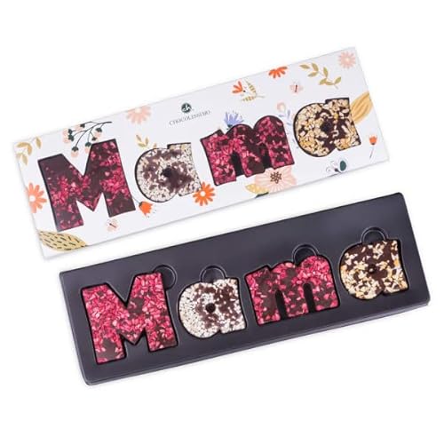 MAMA - Buchstaben aus Zartbitterschokolade - vier Schokoladenbuchstaben mit Zutaten | Schokolade | Geschenkidee | Frau | Frauen | Mutter | Mütter | Muttertag | Geburtstag | ein kleines Dankeschön von CHOCOLISSIMO