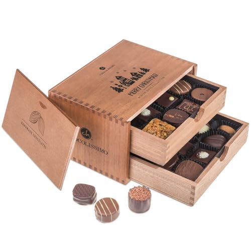 Merry Chocolaterie - Pralinen ohne Alkohol - 20 handgemachte Pralinen im Holzkästchen | Weihnachten | Schokolade | Geschenk | Mann | Frau | Junge | Mädchen | Weihnachtsschokolade | Süßigkeit von CHOCOLISSIMO