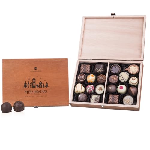 CHOCOLISSIMO Schokolade Geschenk - 20 handgefertigte Pralinen im Holzkästchen - Weihnachtspralinen, Weihnachtsschokolade - Geschenk Nikolaus, Advent, Weihnachten - für Männer, Frauen - Merry Classic von CHOCOLISSIMO