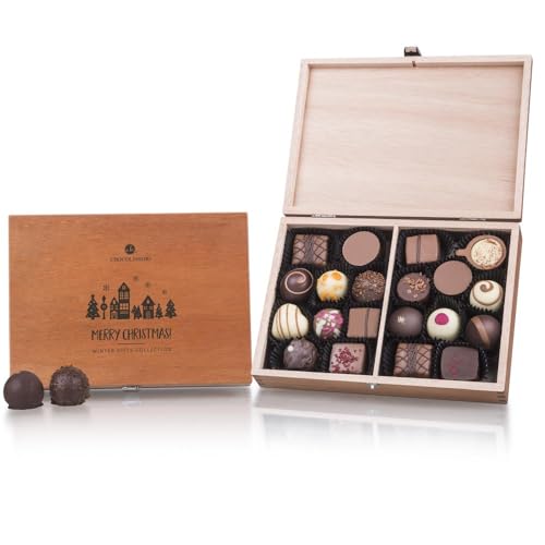 Merry Classic - 20 handgefertigte Pralinen im Holzkästchen - Pralinen im Holzkästchen - Geschenk - Weihnachten - Schokolade edler Verpackung | Weihnachtspralinen | Weihnachtsschokolade Männer | Frauen von CHOCOLISSIMO