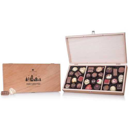 CHOCOLISSIMO Schokolade Geschenk - 30 handgefertigte Pralinen zu Weihnachten in edler Verpackung, Weihnachtspralinen in Holzkiste - Weihnachtsschokolade, Geschenkidee Nikolaus, Advent - Merry Prestige von CHOCOLISSIMO