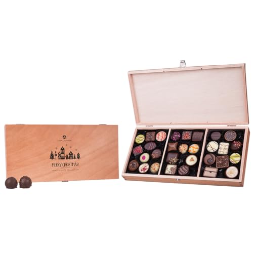 CHOCOLISSIMO Schokolade Geschenk - 30 handgefertigte Pralinen zu Weihnachten in edler Verpackung, Weihnachtspralinen in Holzkiste - Weihnachtsschokolade, Geschenkidee Nikolaus, Advent - Merry Prestige von CHOCOLISSIMO