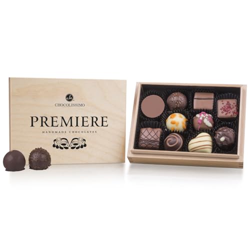 Premiere Mini - Pralinen - 10 handgefertigte Pralinen | Geschenk | Schokolade in edler Holz-Box | Geschenk | Frauen | Männer | Muttertag | Vatertag | Hochzeit | Mann | Frau | Geschenkidee von CHOCOLISSIMO