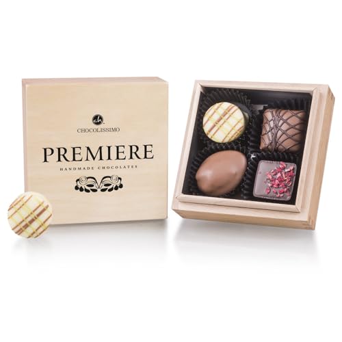 Premiere Quadro - Black - Pralinen 4 Pralinen | Geschenke | Schokolade in Holz-Box | Geschenk | Frauen | Männer | Muttertag | Vatertag | Hochzeit | Mann | Frau | Geschenkidee | Weihnachten von CHOCOLISSIMO