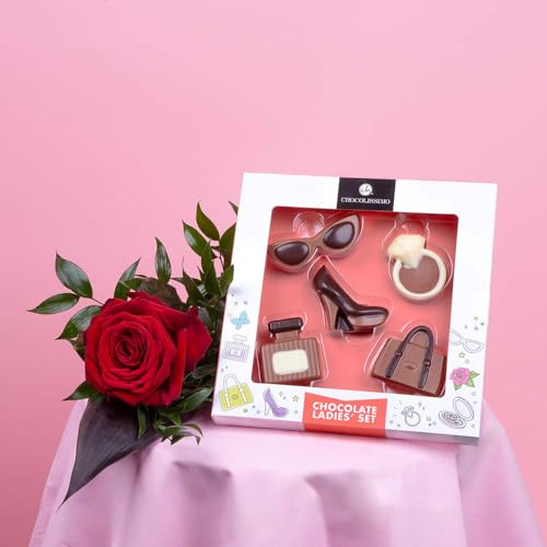 Rote Rose und Modeset - Set aus Schokoladenfiguren und Rose | Geschenk | Valentinstag | Frau | Frauen | Jahrestag | Hochzeitstag | Ehefrau | Freundin | Geburtstag | Mädchen von CHOCOLISSIMO