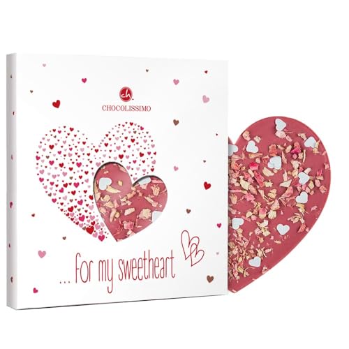 CHOCOLISSIMO - Liebes Geschenk aus Schokolade - Schoko Herz mit Rhabarber, aus Ruby Schokolade - Jahrestag, Geburtstag, Geschenke für Frauen, Mama, Freundin, Frauentag, Ostern, Valentinstag, liebe von CHOCOLISSIMO