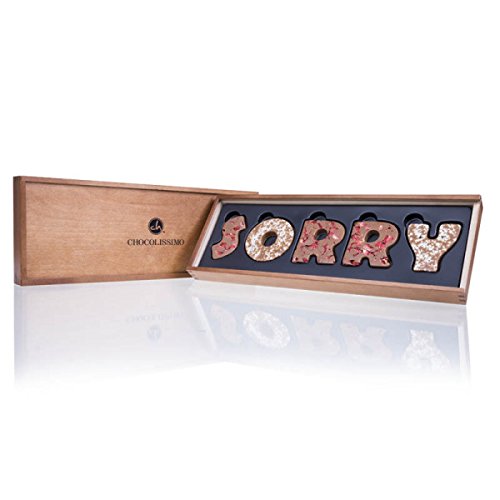 SORRY - Schokobuchstaben Vollmilch - Entschuldigung Geschenk | in edler Holz-Box | Sorry mit Schokolade sagen | hochwertiger Qualität | Sorry Geschenkidee | Verzeihung Geschenke | ohne Alkohol von CHOCOLISSIMO