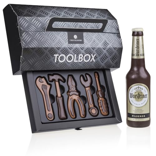 Set Toolbox & ChocoBier - Schokobier und Schokoladenwerkzeug | Werkzeugkasten Bierflasche aus Schokolade | Geschenkidee für Männer | Geschenk Vatertag | Papa | Bastler | Vatertagsgeschenk von CHOCOLISSIMO
