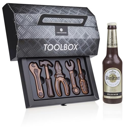 Set Toolbox & ChocoBier - Schokobier und Schokoladenwerkzeug | Werkzeugkasten Bierflasche aus Schokolade | Geschenkidee für Männer | Geschenk Vatertag | Papa | Bastler | Vatertagsgeschenk von CHOCOLISSIMO