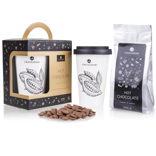 CHOCOLISSIMO - Schokolade Geschenk Set - Schokodrops mit Becher - Trinkschokolade Vollmilch zum Selbermachen - Geschenkidee Geburtstag, Weihnachten, Valentinstag, Muttertag, Mann, Frau, Mama, Papa von CHOCOLISSIMO