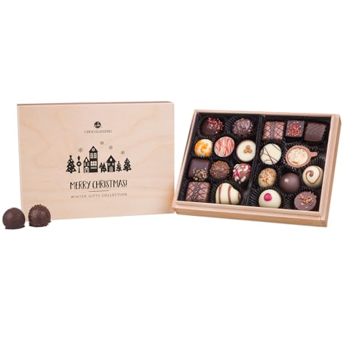 CHOCOLISSIMO Schokolade Geschenk - Pralinen Geschenk zu Nikolaus, Weihnachten - 20 handgefertigte Pralinen im Holzkästchen - Geschenkidee Frauen, Mann, Frau, Männer - Xmas Premiere Midi von CHOCOLISSIMO