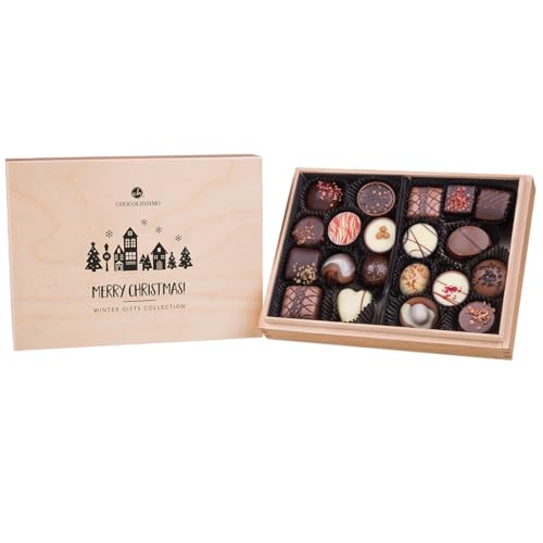 CHOCOLISSIMO - Schokolade Geschenk - 20 handgemachte Pralinen im Holzkästchen, ohne Alkohol, Weihnachtsschokolade, Geschenk zu Weihnachten, alkoholfrei, für Kinder, Frau, Mann - Xmas Premiere Midi von CHOCOLISSIMO