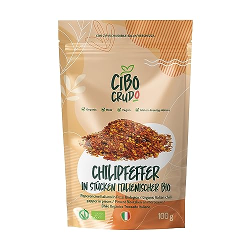 Bio Chiliflocken Scharf - 100g. 100% Rein und Natürlich Geschrotet Chilli Flocken Ohne Zusatzstoffe. Chilli Flakes Red Pepper Flakes. von CIBO CRUDO crudo biologico vegan