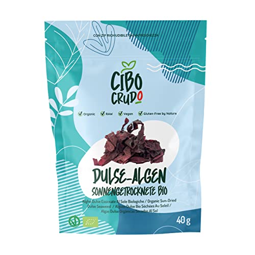 Bio Dulse Algen - 40g. Atlantischer Lappentang aus Atlantik. Getrocknete Algen Reich an Vitaminen Eisenprotein Jod und Kalium. Keine Flocken Sondern Seetangstücke zum Essen. von CIBO CRUDO crudo biologico vegan