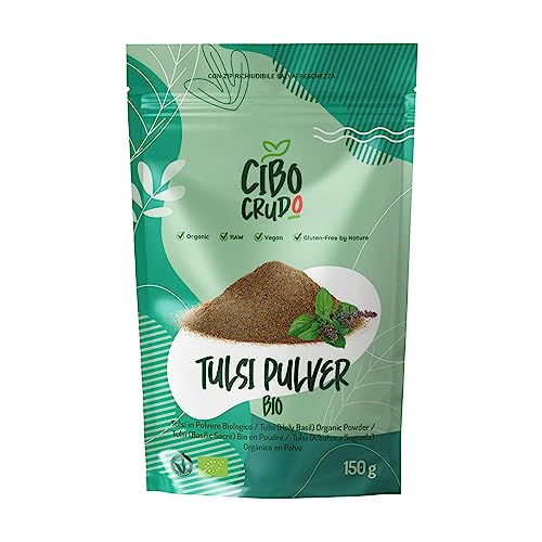 Bio Tulsi Pulver - 150g. Wird für Kräutertees und Aufgüsse Verwendet. Es hat Entzündungshemmende Antimikrobielle Antioxidative und Adaptogene Wirkungen. Ocimum Tenuiflorum oder Holy Basil. von CIBO CRUDO crudo biologico vegan