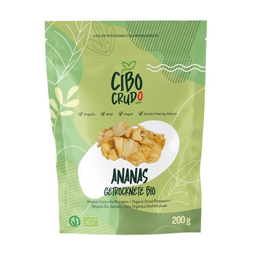 Getrocknete Ananas ohne Zucker und Bio - 200g. Gefriergetrocknete Früchte Ananas Enthält Vitamin A und C. Zum Hinzufügen zu Müsli Joghurt und Salaten. von CIBO CRUDO crudo biologico vegan