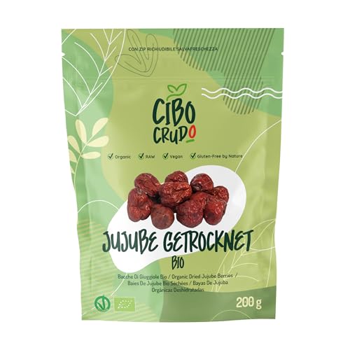 Jujube Datteln Bio - 200g. Rote Datteln oder Hünnap. Getrocknet ohne Zuckerzusatz Enthalten Vitamine Mineralien und Ballaststoffe. Zur Zugabe zu Joghurt/Smoothies oder Desserts und Marmeladen. von CIBO CRUDO crudo biologico vegan