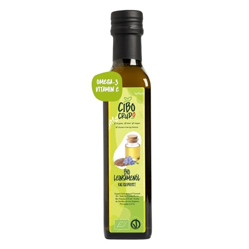 Leinöl Bio Kaltgepresst und Rein - 250ml. Leinsamenöl Bio Reich an Ungesättigte Omega 3 Fettsäuren Antioxidantien und Kalzium. Organic Flaxseed Oil. von CIBO CRUDO crudo biologico vegan