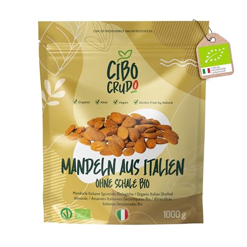 Mandeln Bio Ganz Ungesalzen - 1 Kg. Natur Mandeln Geschält Ungeröstet und Getrocknet. Italienische Mandeln Herkunft Sizilien. Bittere Ganze Mandeln Naturbelassen. Organic Bitter Almonds. von CIBO CRUDO crudo biologico vegan