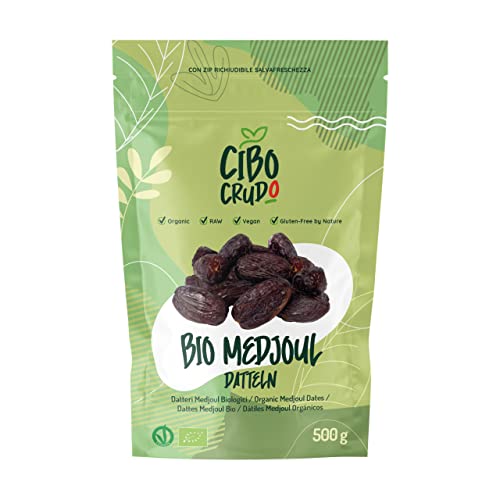 Medjool Datteln Bio - Premium Qualität Jumbo - 500g. Bio Datteln Medjool Frische aus Israel. Natürlich und Rein Reich an Ballaststoffen. Getrocknet und mit Stein. von CIBO CRUDO crudo biologico vegan