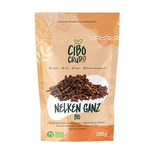 Nelken Ganz Bio - 200g. Sonnengetrocknete Gewürznelken Ganz 100% Natürlich un Rein zum Würzen von Fleischgerichten Getränken und Desserts wie Lebkuchen. von CIBO CRUDO crudo biologico vegan