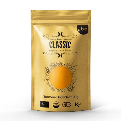 CLASSIC Bio Kurkuma-Pulver | Bio und Koscher zertifiziert | Kurkuma-Pulver Bio aus Sri Lanka | Erstklassige Qualität und betörender Geschmack | 100g umweltfreundlicher wiederverschließbarer Beutel von CLASSIC