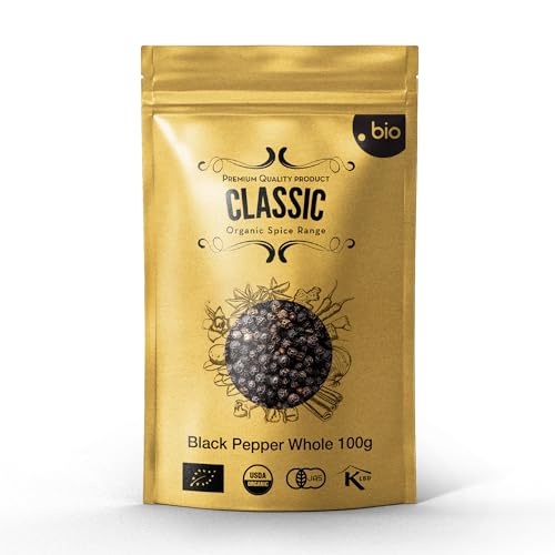 CLASSIC Bio Schwarzer Pfeffer ganz | Bio und Koscher zertifiziert | Ganzer Schwarzer Pfeffer Bio aus Sri Lanka | 100g umweltfreundlicher wiederverschließbarer Beutel von CLASSIC