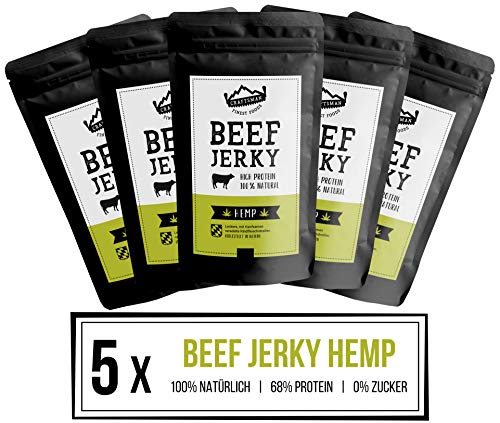 Craftsman Beef Jerky Hemp | 5 x 100 g = 500g | 100% Natürlich | Ohne Zucker | Trockenfleisch aus Deutschland - Bayern | Weiderind | 68% High Protein | mit Hanfsamen von CRAFTSMAN FINEST FOODS