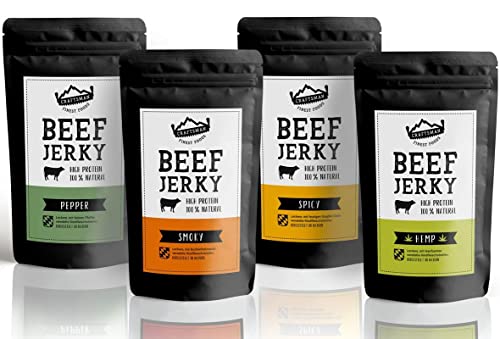 Craftsman Beef Jerky | Ohne Zucker | Set 4 x 250 g = 1 kg Probierpack | Aus Deutschland - Bayern | Dörrfleisch Mix | Protein 68% | Trockenfleisch | 100% Natürlich | Hanf Pfeffer Smoky Chili von CRAFTSMAN FINEST FOODS