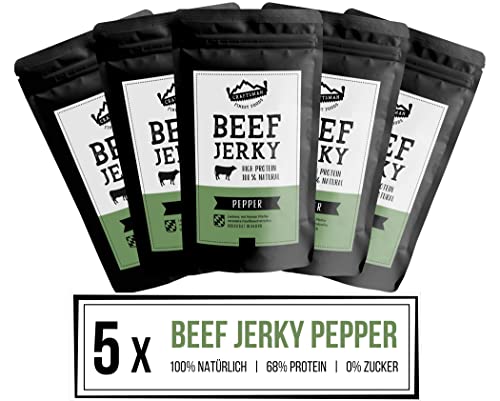 Craftsman Beef Jerky Pepper | Trockenfleisch aus Deutschland - Bayern | Set 5 x 100g = 500g | 100% natürlich ohne Zucker | 100% Rind | High Protein 68% | Dörrfleisch Pfeffer von CRAFTSMAN FINEST FOODS