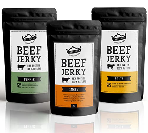 Craftsman Beef Jerky | Trockenfleisch Set 3 x 100 g = 300 g Probierpack ohne Zucker | Aus Deutschland - Bayern | 100% natürlich | High Protein 68% | Trockenfleisch Mix | Pfeffer | Smoky | Chili von CRAFTSMAN FINEST FOODS