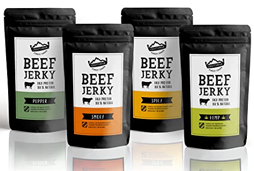 Craftsman Beef Jerky | Set 4 x 100 g = 400 g Probierpack | Aus Deutschland - Bayern | Dörrfleisch Mix | Protein 68% | Trockenfleisch | 100% Natürlich | Ohne Zucker | Hanf Pfeffer Smoky Chili von CRAFTSMAN FINEST FOODS