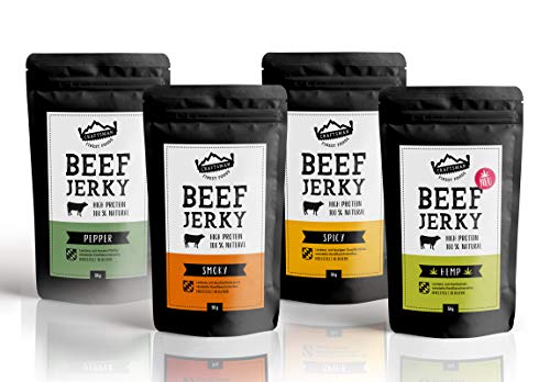 Craftsman Beef Jerky ohne Zucker 100% natürlich | Set 4 x 50 g = 200 g Probierpack | Aus Deutschland - Bayern | Dörrfleisch Mix | Protein 68% | Trockenfleisch | Hanf Pfeffer Smoky Chili von CRAFTSMAN FINEST FOODS