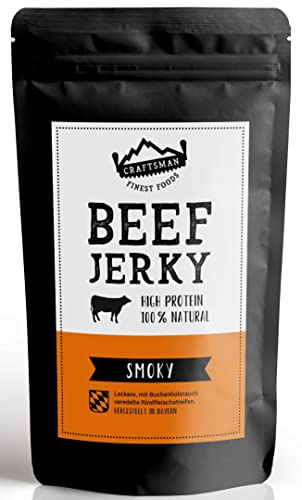 Craftsman Beef Jerky Smoky 250g | Aus Deutschland - Bayern | 100% Natürlich | Ohne Zucker | 100% Jerkey | High Protein 68% | Dörrfleisch/Trockenfleisch Original Smoky von CRAFTSMAN FINEST FOODS