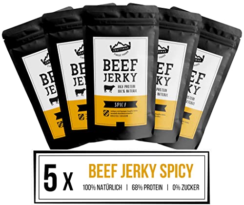 Craftsman Beef Jerky Spicy | Trockenfleisch aus Deutschland - Bayern | Set 5 x 100g = 500g | 100% natürlich ohne Zucker | 100% Rind | High Protein 68% | Dörrfleisch Chili Scharf von CRAFTSMAN FINEST FOODS