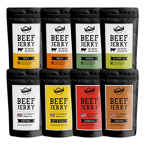 Craftsman Beef Jerky Superpack | Set 8x 100 g (800 g) | Alle Sorten | ORIGINAL, BBQ, TERIYAKI, HOT & SWEET, SMOKY, SPICY, PEPPER, HEMP | Trockenfleisch aus Deutschland - Bayern | Jerky Beef Mix von CRAFTSMAN FINEST FOODS