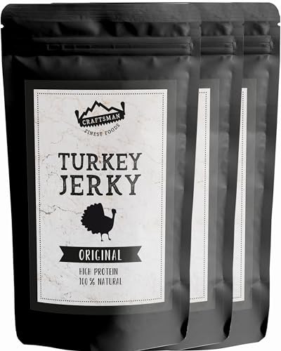 Craftsman Turkey Jerky Original | 100% natürliches Trockenfleisch aus Putenfilet | Ohne Zucker | 78% High Protein | Fleisch Snack für Unterwegs, Sport und Büro (3x 100g) von CRAFTSMAN FINEST FOODS