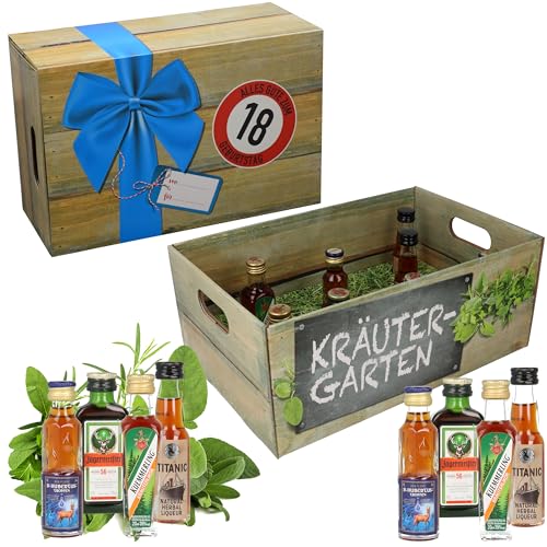 Kräutergarten mit Geburtstagszahl 18. Geburtstag · Witzige Geschenkidee für Männer und Frauen mit Alkohol · 8 x Kräuter-Likör · Hochwertige Geschenkbox · Geburtstagsgeschenk für Männer von CREOLOGIC