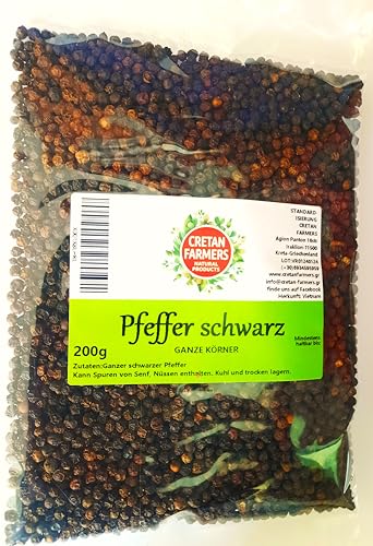 CRETAN FARMERS - Schwarzer Pfeffer - ganze Pfefferkörner 200g - Schwarzer ganzer ungemahlener Pfeffer - Passend für Pfeffermühlen von CRETAN FARMERS NATURAL PRODUCTS