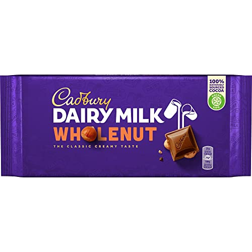 Cadbury Whole Nut, Dairy Milk Schokolade – cremige Milchschokolade mit mit ganzen Haselnuss Stücken – leckere Süßigkeit mit vollmundigem Geschmack – ganze Nuss, 1 x 180 g von Cadbury