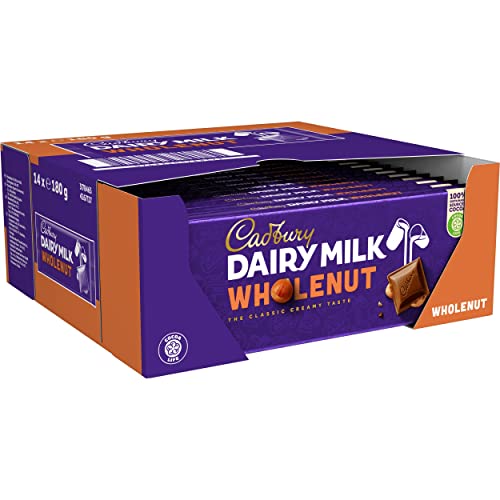 Cadbury Whole Nut, Dairy Milk Schokolade – cremige Milchschokolade mit mit ganzen Haselnuss Stücken – leckere Süßigkeit mit vollmundigem Geschmack – ganze Nuss, 14 x 180 g von Cadbury