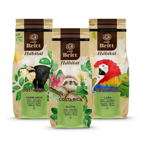 Café Britt® - Costa Rican Habitat Coffee Bundle (340 g.) (3-Pack) (Coffee From: Sloth, Lapa & Cariblanco) – Whole Bean, Arabica Coffee, Kosher, Gluten Free, Gourmet & Medium Light & Dark Roast. von Cafe Britt